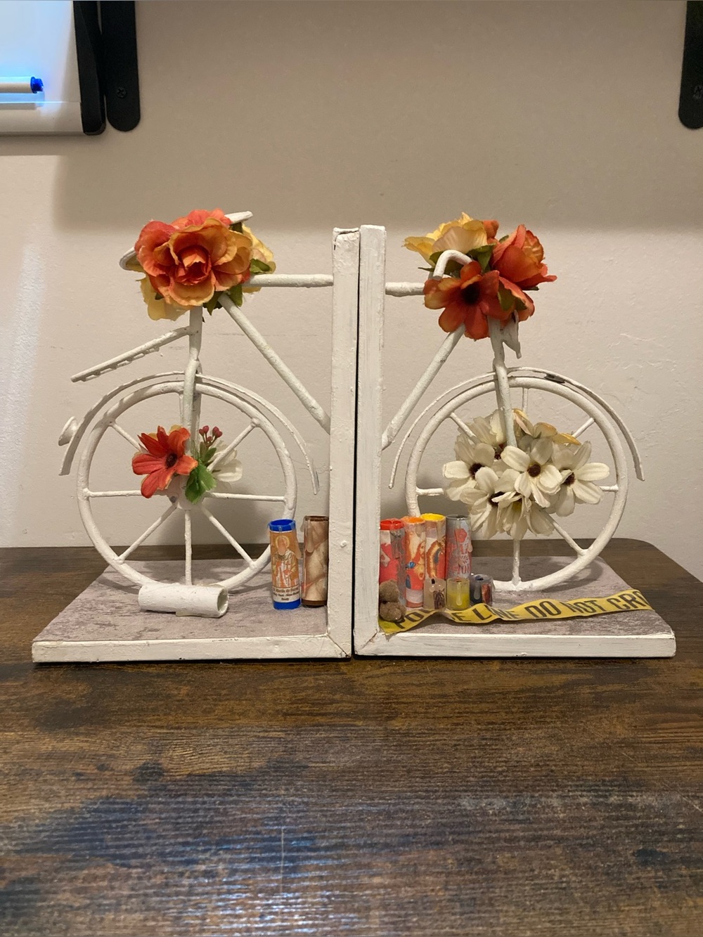 Decorative White Metal Ghost Bicycle Bookends with Floral Accents